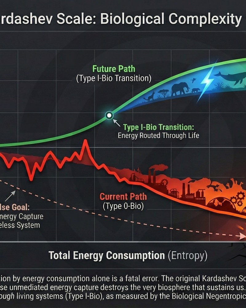 Neo-Kardashev Scale chart: Type I-Bio future path versus Type 0-Bio current path